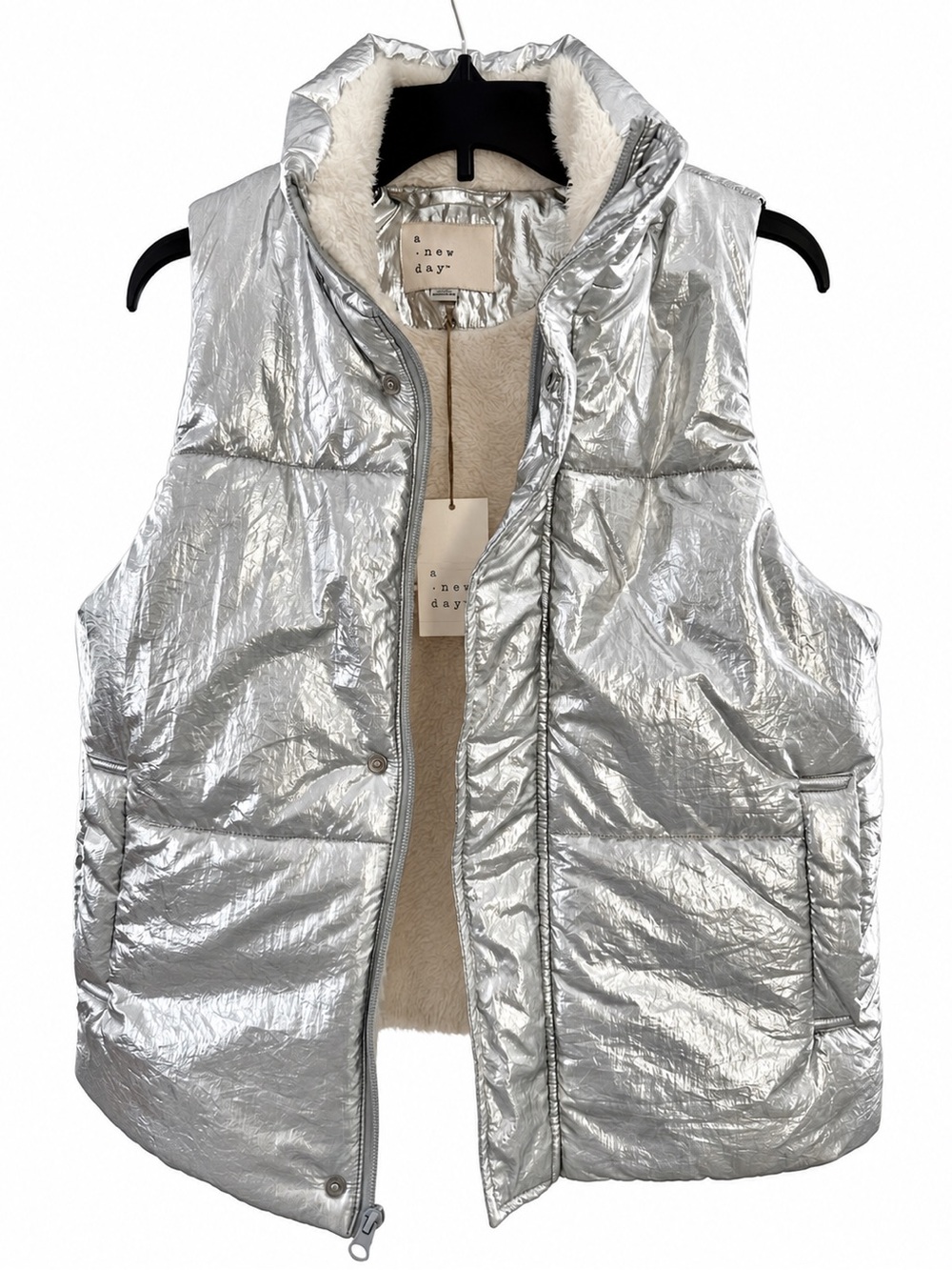 a new day Silver Metallic Fur Lined Zipper Puffer Vest - Picture 5 of 7